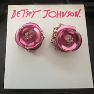 Betsey Johnson Pink/Gold Rose Rhinestone Stud Earrings